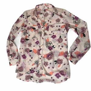 Candie’s VTG Lace Shoulder Long Sleeved 
Floral Semi Sheer Blouse